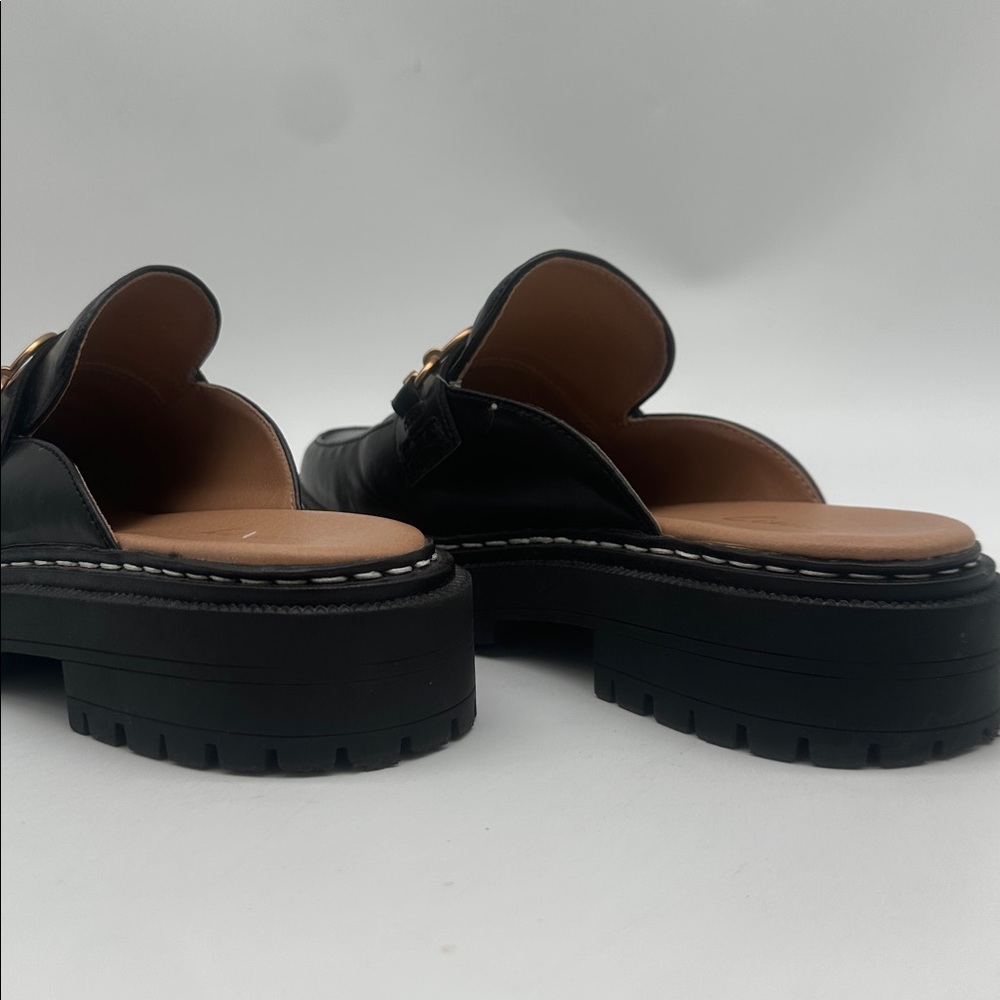 Black Leather Slip-On Mule Loafers with Gold Chain Detail - Picture 10 of 16